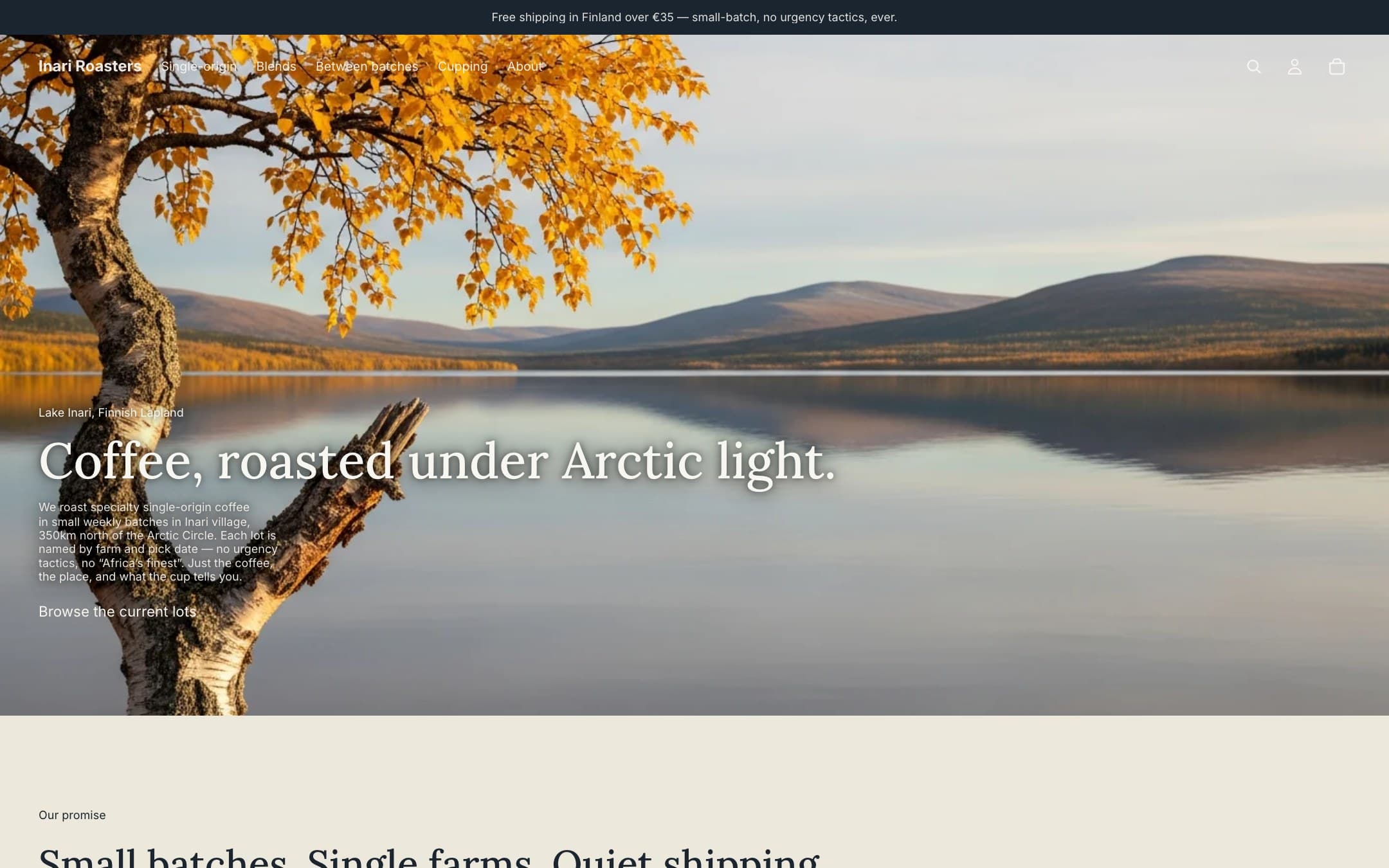 Inari Roasters homepage — Lake Inari, Finnish Lapland, with the headline ‘Coffee, roasted under Arctic light.’