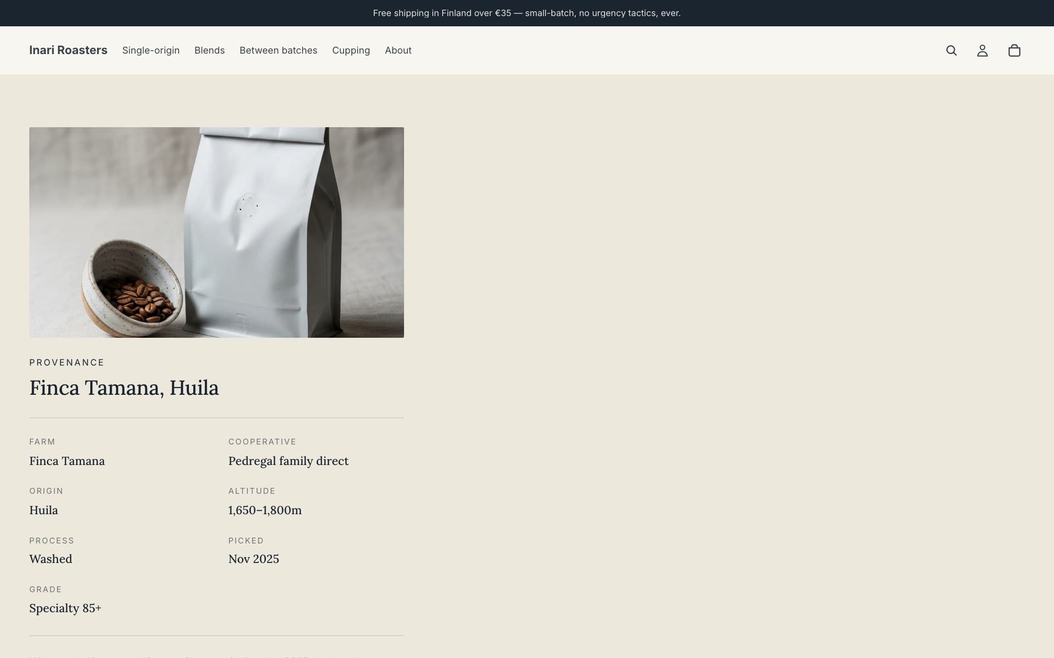 Inari Roasters single-origin PDP — Finca Tamana, Huila — provenance card with farm, origin, altitude, process, and pick date.